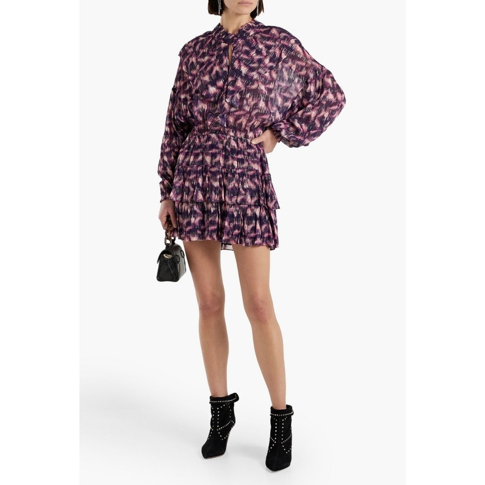 IRO Paris $645 Tyga Long Sleeve Tiered Mini Dress Purple Metallic Sz EU 36 US 4